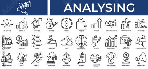 Analysing icon set collection. Containing economics, value, analyze, increase, review, loss, profit .Line vector icons collection