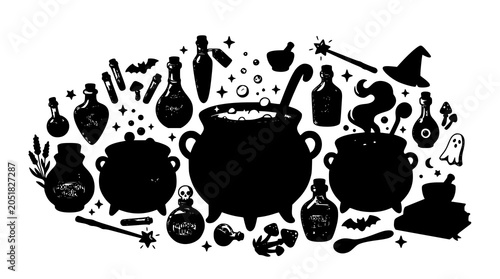 Decorative Halloween witches pots vector illustration magical cauldron collection isolated on white