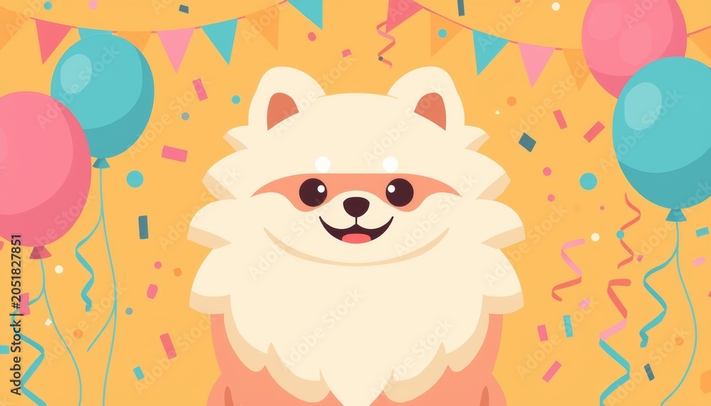 Obraz premium Cute cartoon Pomeranian dog with fluffy coat surrounded by colorful confetti and balloons in bright background