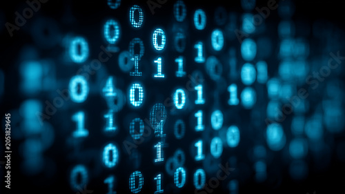 Binary numbers floating in a digital space, symbolizing data flow, programming language, information processing, and computer technology.
