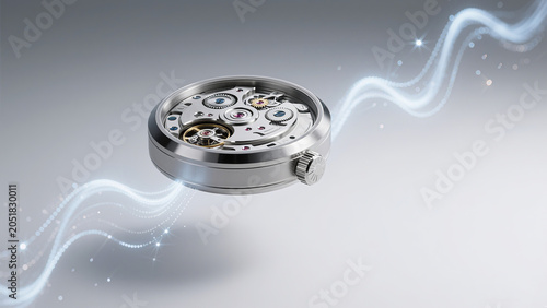 Floating luxury watch movement with ethereal light trails, mechanical horology with sparkling luminous waves