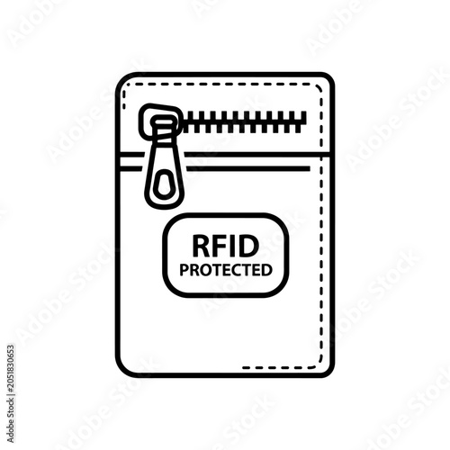 A black outline depicts an rfid protected wallet with an open zipper detailed silhouette