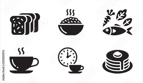 Cuadro en lienzo Breakfast and healthy meal food icons set with hot drinks bread fish and vegetables