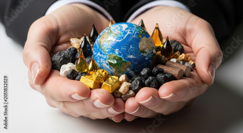 Commodity prices outlook concept with globe and natural resources in hands symbolizing global market and economic future