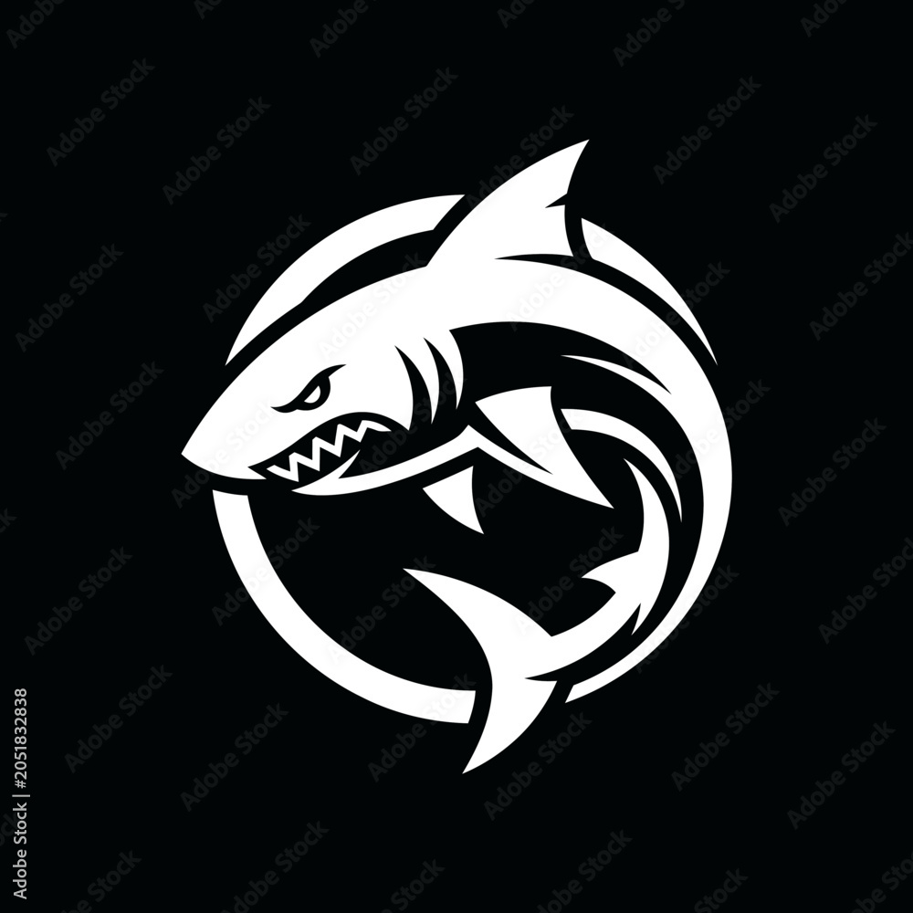 Fototapeta premium Aggressive white shark mascot logo inside a circle.