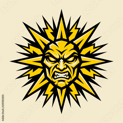 Angry yellow sun face mascot with lightning bolt rays.