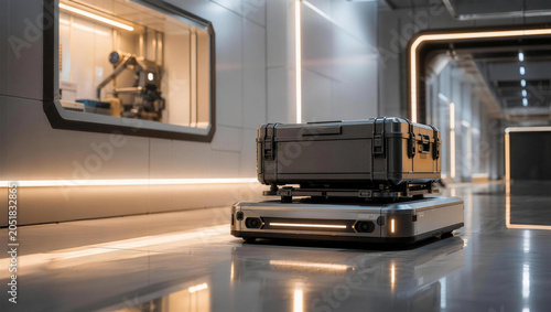 Robotic Cart in Futuristic Corridor: A sleek robotic cart carrying a heavy-duty case glides silently through a modern, illuminated corridor, showcasing advanced automation and technology in a clean.