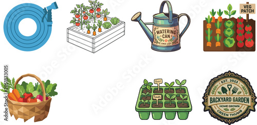 фотографія Gardening and vegetable garden illustration set featuring tools raised bed water