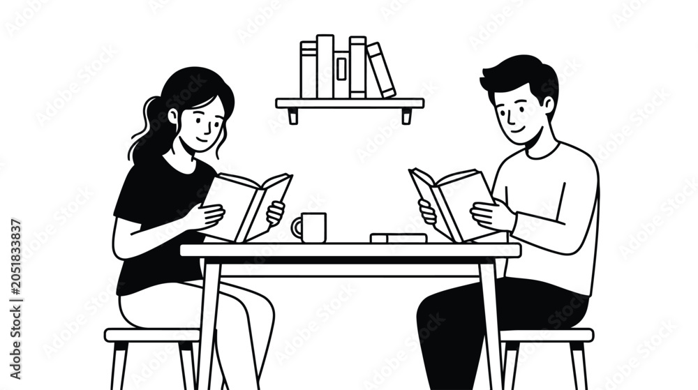 Fototapeta premium Couple Reading Books Together at a Table in a Library Minimalist Black and White Line Art