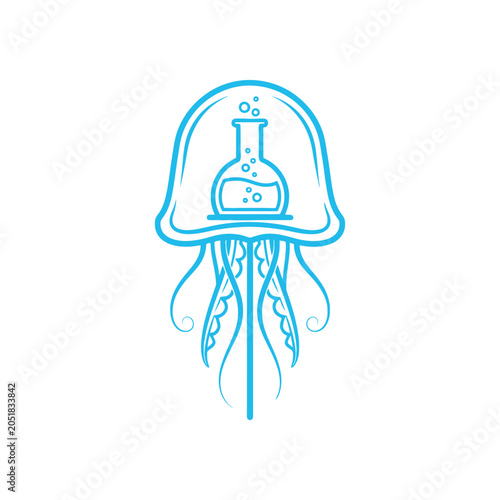 Blue jellyfish laboratory flask logo for science and biology.