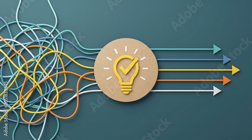 Colorful tangled wires transform into a bright illuminated lightbulb idea with a checkmark, leading to five distinct directional arrows signifying clarity and solutions.