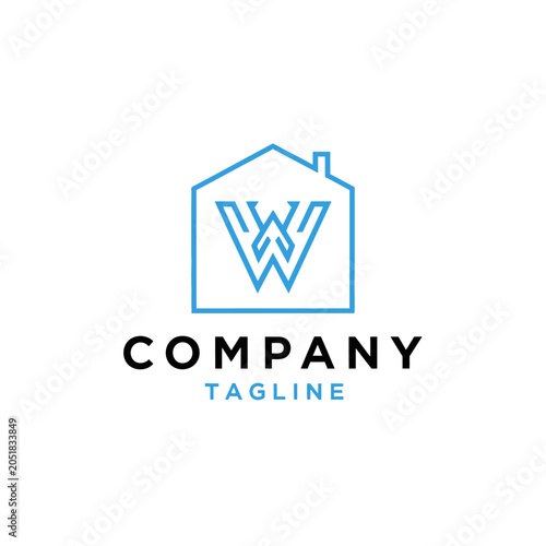 Blue linear house icon with letter W logo design.