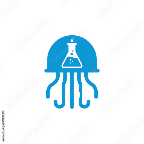 Blue jellyfish icon featuring laboratory flask silhouette inside.