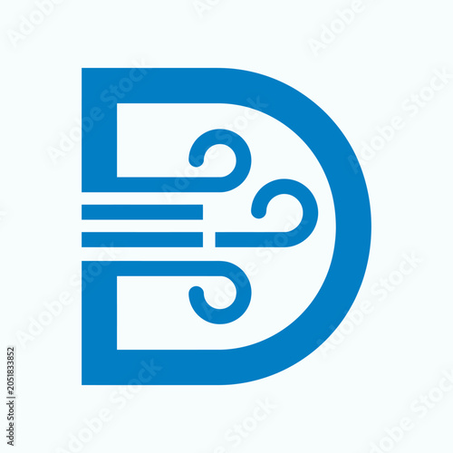 Blue letter D logo with wind flow waves.