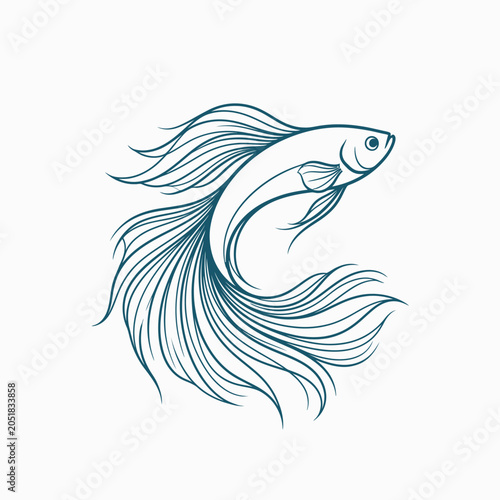 Blue line art illustration of a graceful betta fish