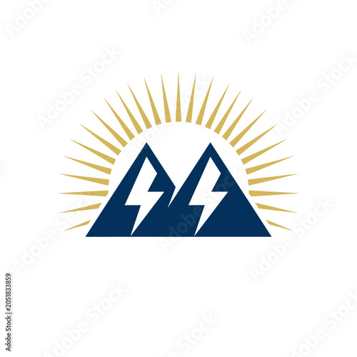 Blue mountain peaks with lightning bolts and sun rays.