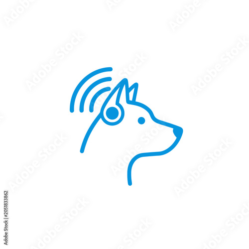 Blue line art dog head with wireless signal logo.