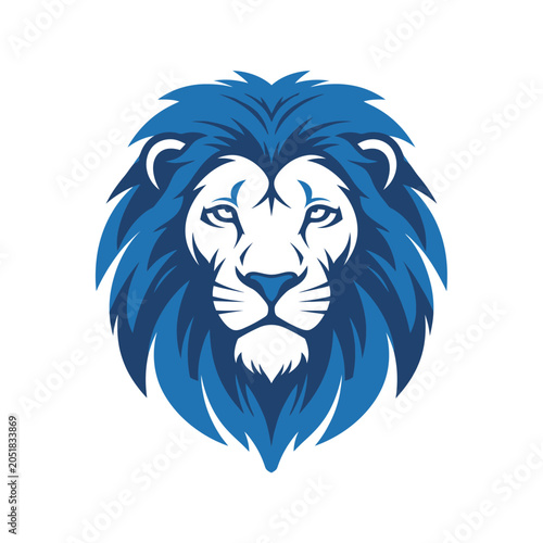 Blue lion head mascot logo design on white background.