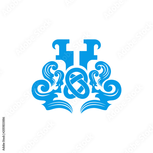 Blue ornate symmetrical scroll logo design.