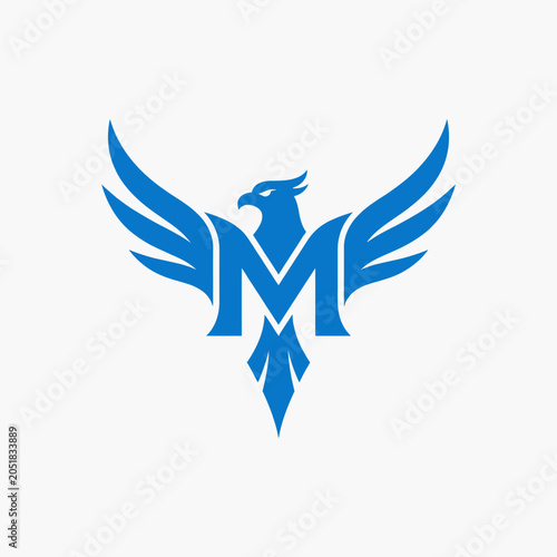 Blue phoenix bird logo with letter M integrated design