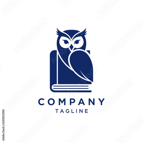 Blue owl perched on a book for educational logo.
