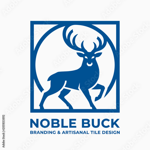 Blue noble buck deer silhouette in square frame logo.