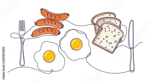 Minimalist continuous line drawing of breakfast food.