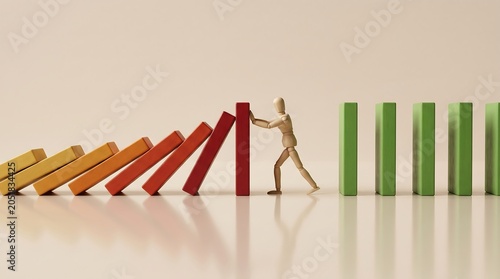 Wooden Mannequin Stops Falling Red Dominoes Before They Hit Stable Green Blocks, Preventing Chain Reaction