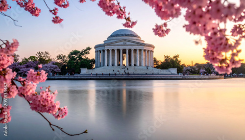 Jefferson Memorial at Sunrise with Cherry Blossoms: A breathtaking sunrise casts a warm golden hue over the iconic Jefferson Memorial, framed by the delicate pink blossoms of cherry trees.