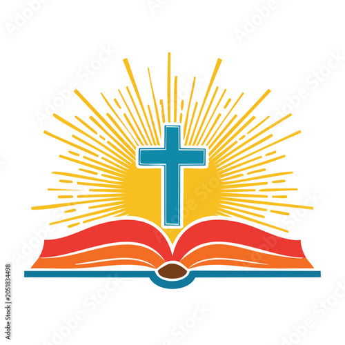 Christian cross above open bible with sun rays