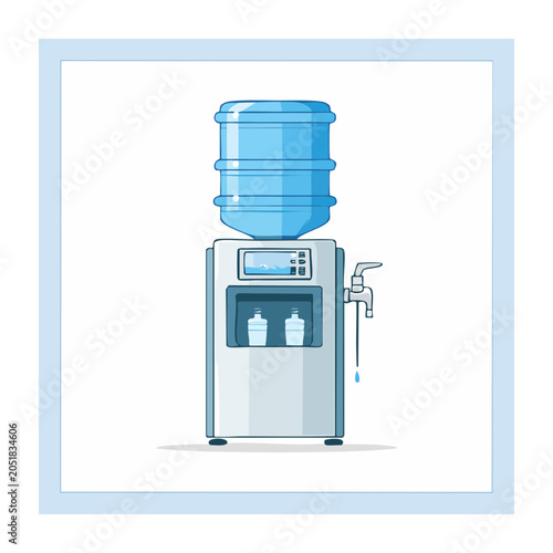 Flat design water cooler with blue bottle and tap