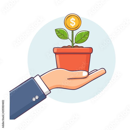 Hand holding a potted plant with a dollar coin as a flower