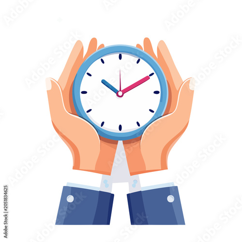 Hands holding a clock, flat design illustration
