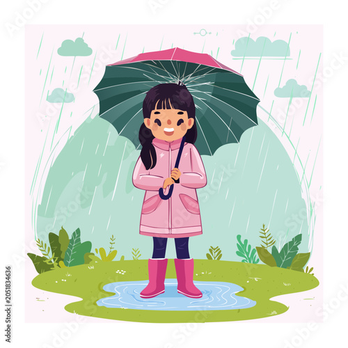Happy girl with umbrella in the rain