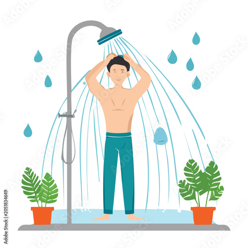 Man showering in a modern bathroom with plants