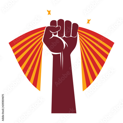Raised fist with red and yellow sunburst background