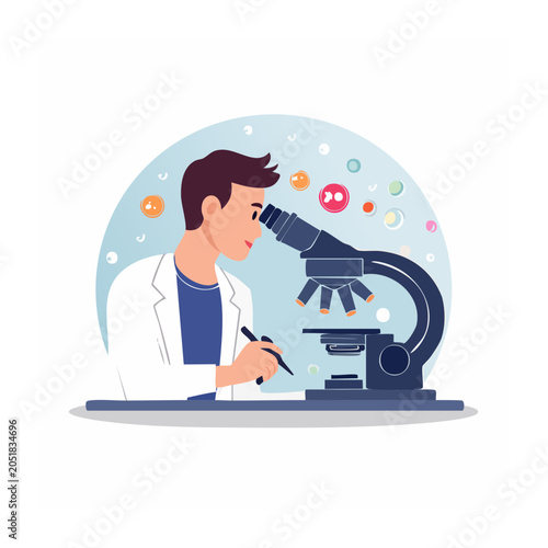 Scientist in lab coat looking through microscope