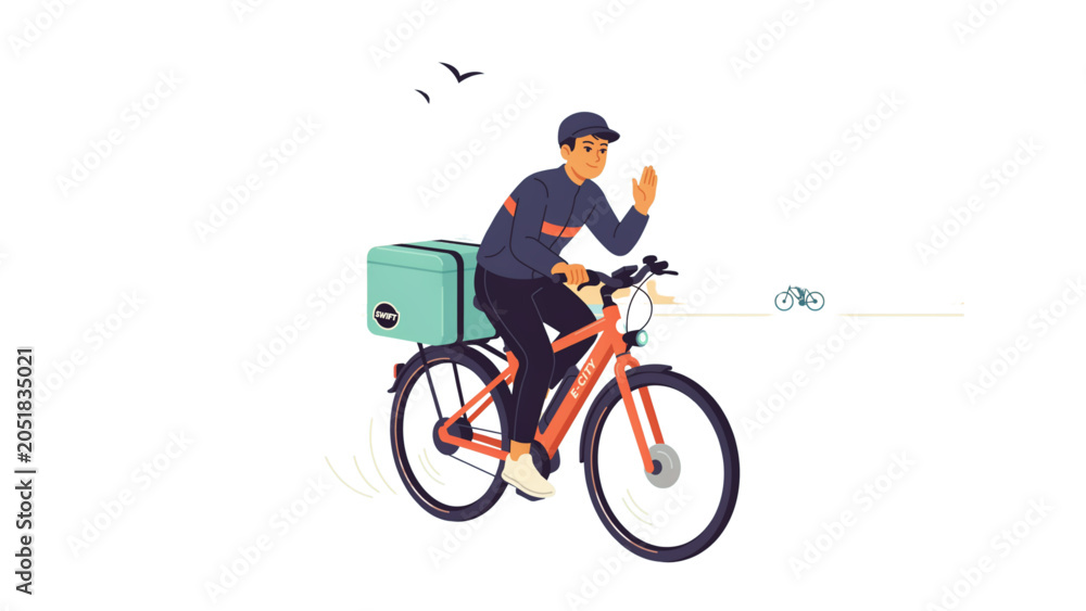 Obraz premium Delivery person riding bicycle with green box on city street Vector