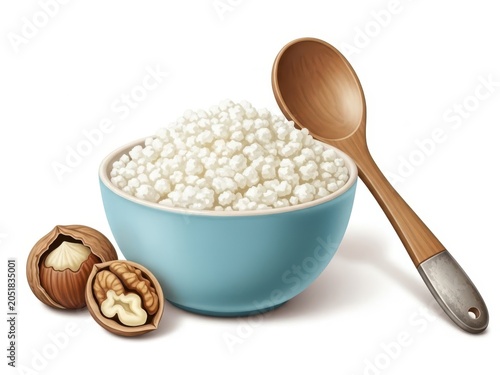 Bowl of cottage cheese with walnuts isolated on white background