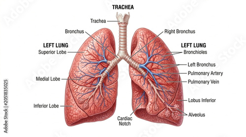 Foto Human lungs and respiratory system anatomy diagram with text labels