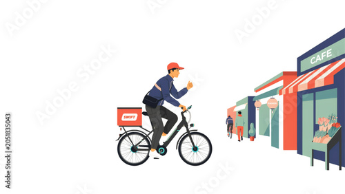 Fotografía Delivery person riding bicycle in front of colorful building Vector