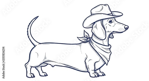 Dachshund dog wearing cowboy hat and bandana line art.