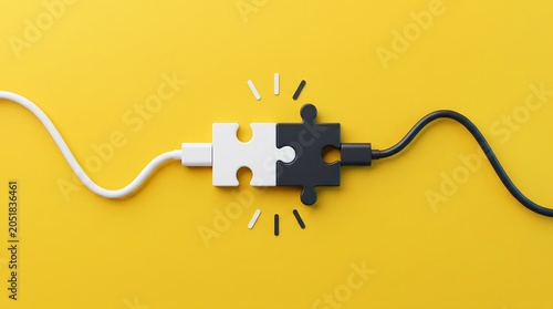 Two puzzle pieces, one black and one white, connect with USB cables on a bright yellow background, symbolizing connection and integration.