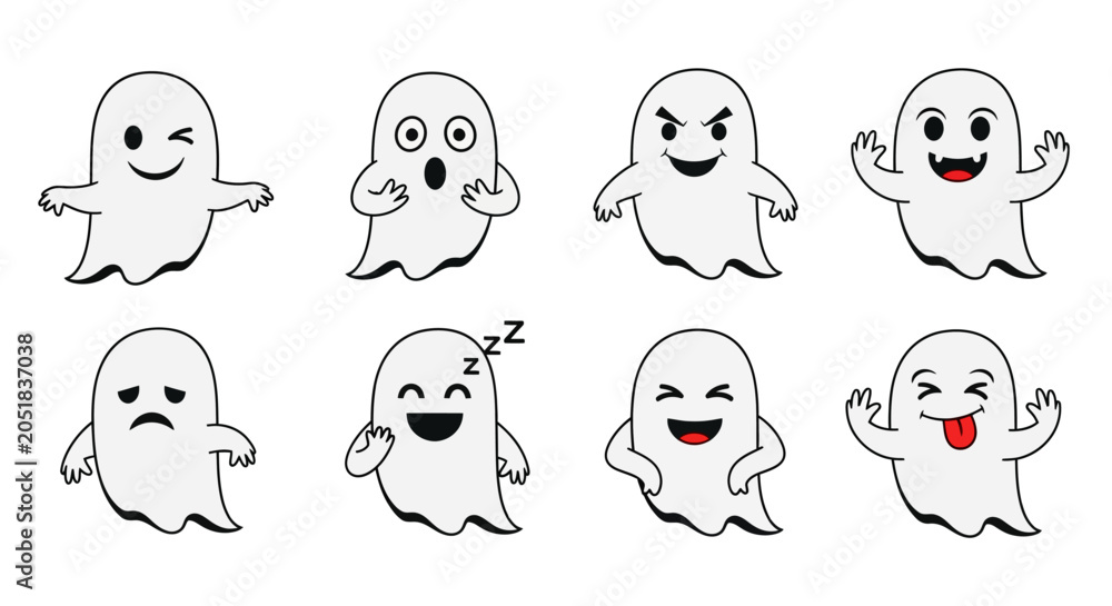 Fototapeta premium Cute cartoon ghost character set with various facial expressions and emotions for Halloween design