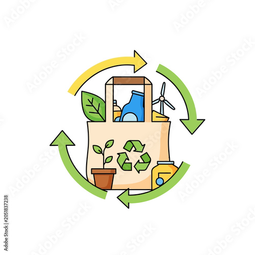 Eco friendly shopping bag with recycling symbols and renewable energy elements.