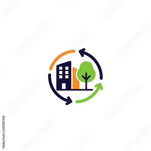 Eco-friendly building with green tree and recycling arrows.