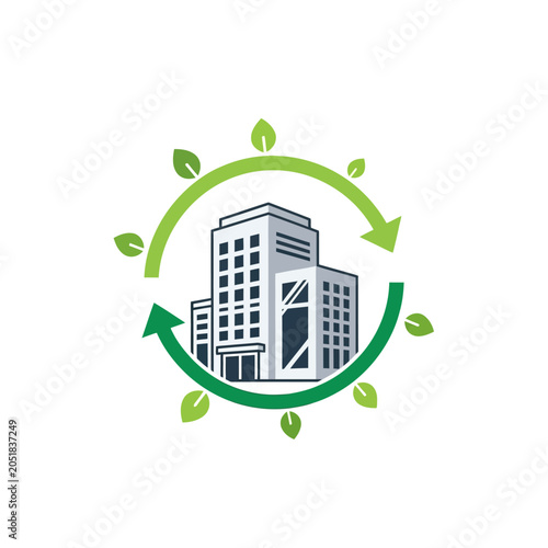 Eco-friendly building with green recycling arrows and leaves.