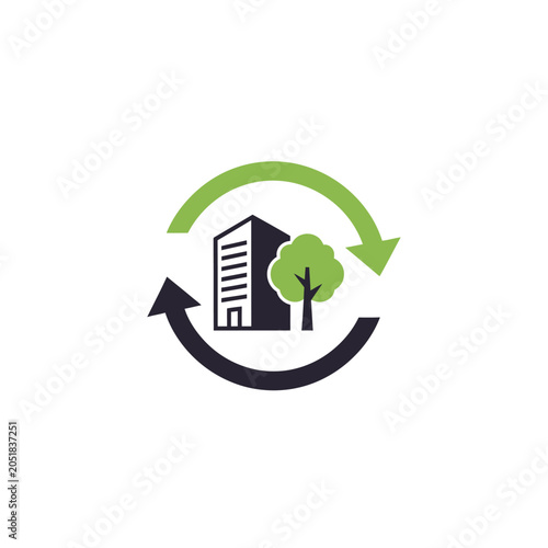 Eco-friendly building with green tree and recycling arrows.