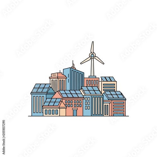 Eco-friendly city skyline with solar panels and wind turbine.