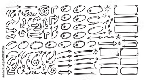 Set of hand drawn arrows circles and frames for design elements